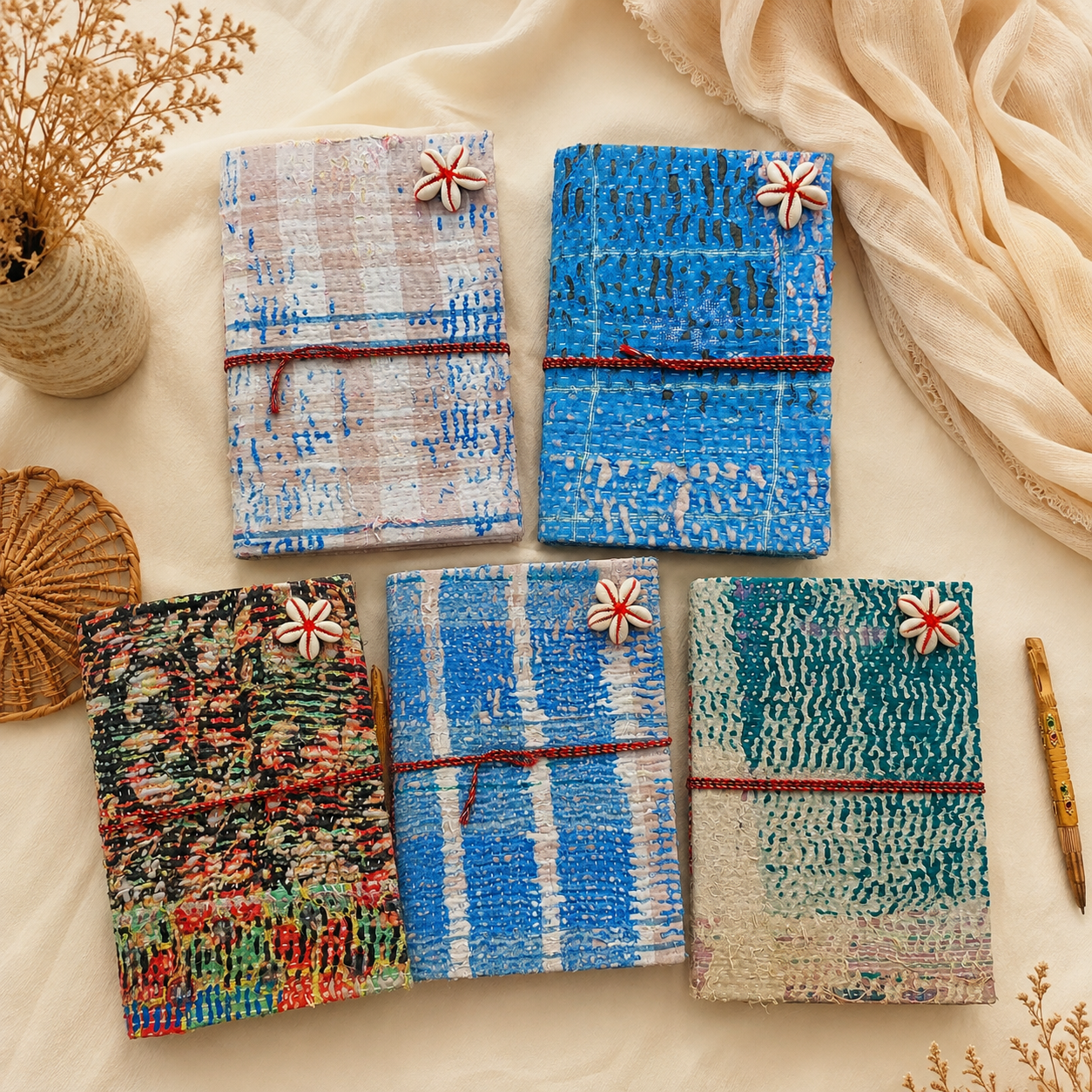Set of 2 Vintage Kantha Handmade Journals – Recycled Sari Fabric Notebook, 100 Pages Boho Indian Diary - Image 5