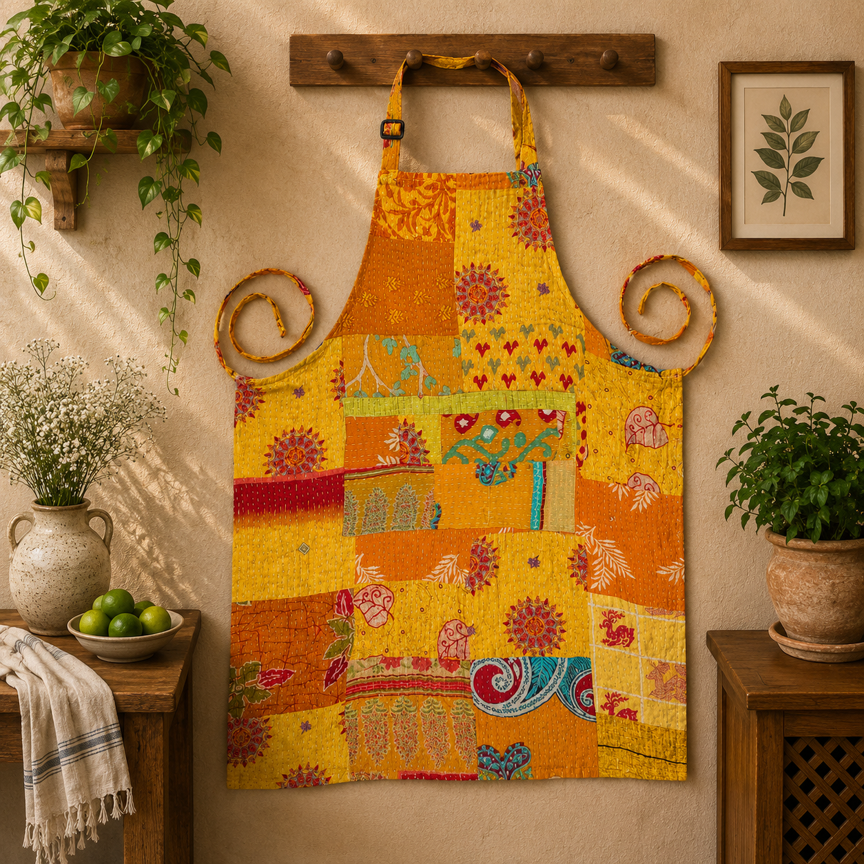 Yellow Orange Vintage Kantha Patchwork Apron – Handmade Cotton Sari Kitchen Apron - Image 4
