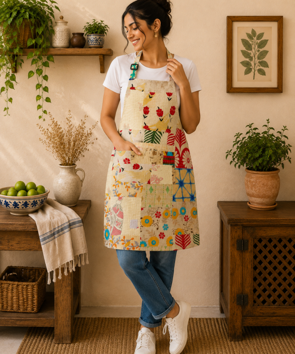 Vintage Kantha Patchwork Cotton Apron – Handmade Recycled Sari Kitchen Apron