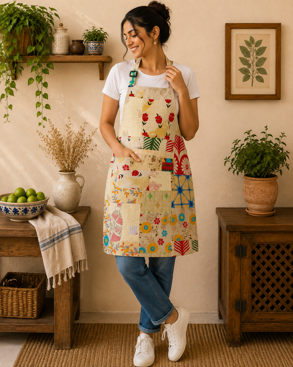 Vintage Kantha Patchwork Cotton Apron – Handmade Recycled Sari Kitchen Apron