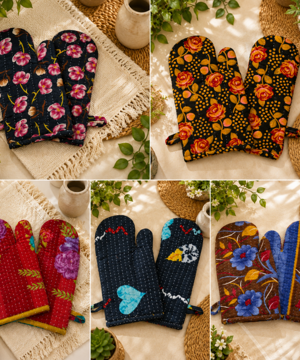 Alternative view of Vintage Kantha Oven Mitts Pair – Handmade Cotton Sari Quilted Kitchen Gloves