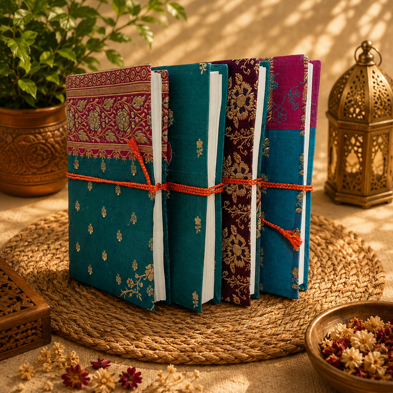 Set of 5 Handmade Indian Fabric Journals – Traditional Brocade Notebook, Vintage Style Writing Diary, Boho Gift Journal - Image 4