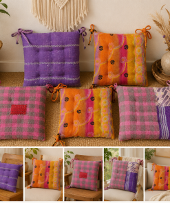 Alternative view of Set of 5 Vintage Kantha Chair Pads – Handmade Cotton Sari Seat Cushions with Ties