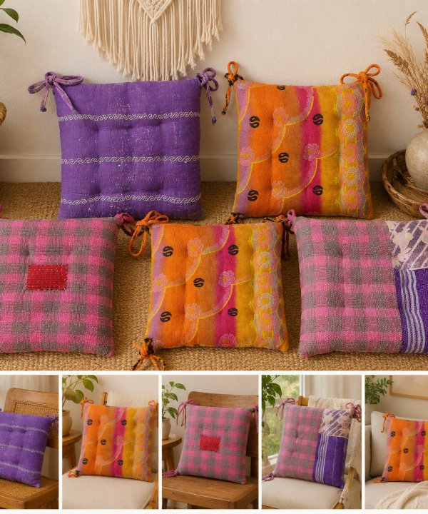 Set of 5 Vintage Kantha Chair Pads with Ties – Handmade Patchwork Cotton Seat Cushions – Boho Indian Chair Cushions