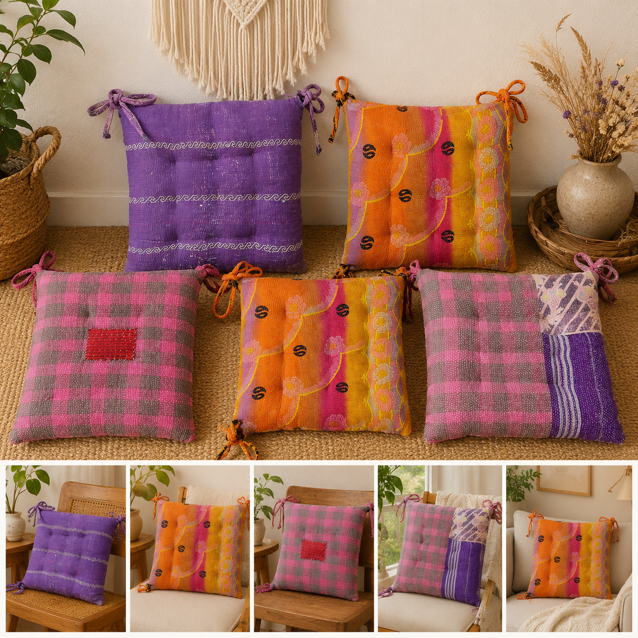 Set of 5 Vintage Kantha Chair Pads – Handmade Cotton Sari Seat Cushions with Ties - Image 2