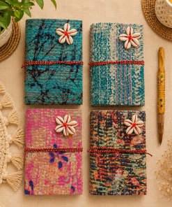 Set of 4 Vintage Kantha Handmade Journals – Recycled Sari Fabric Notebook, Boho Patchwork Diary, Indian Textile Journal