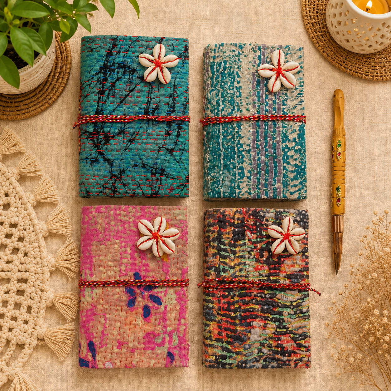 Set of 4 Vintage Kantha Handmade Journals – Recycled Sari Fabric Notebook, Boho Patchwork Diary, Indian Textile Journal