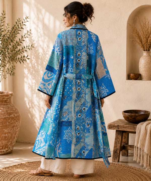 Alternative view of Turquoise Blue Multicolor Vintage Kantha Long Kimono Robe – Handmade Patchwork Cotton Boho Jacket