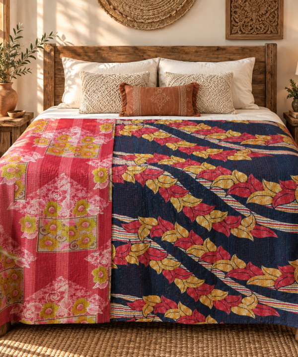 Alternative view of Vintage Navy Blue & Red Kantha Quilt – Floral Hand Stitched Cotton Bedspread 60 x 90 Inches