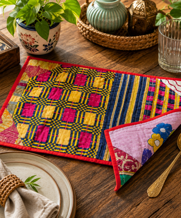 Alternative view of 5 Pcs Vintage Kantha Quilted Placemats 13x18 Inches – Recycled Cotton Patchwork Table Mats, Handmade Boho Dining Decor