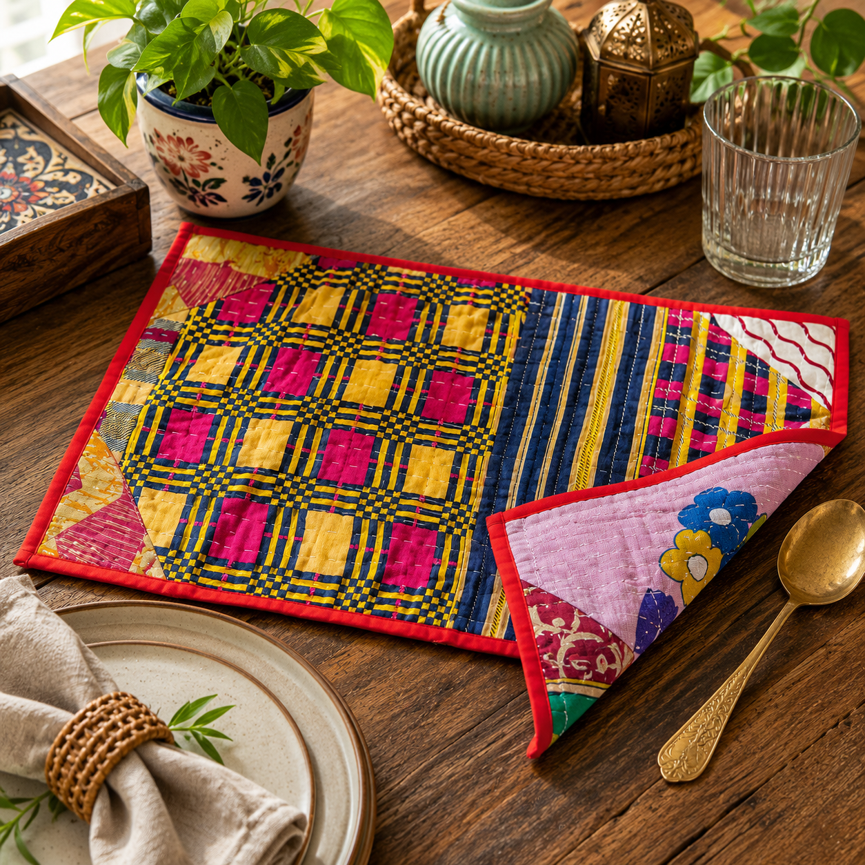 5 Pcs Vintage Kantha Quilted Placemats 13x18 Inches – Recycled Cotton Patchwork Table Mats, Handmade Boho Dining Decor - Image 2