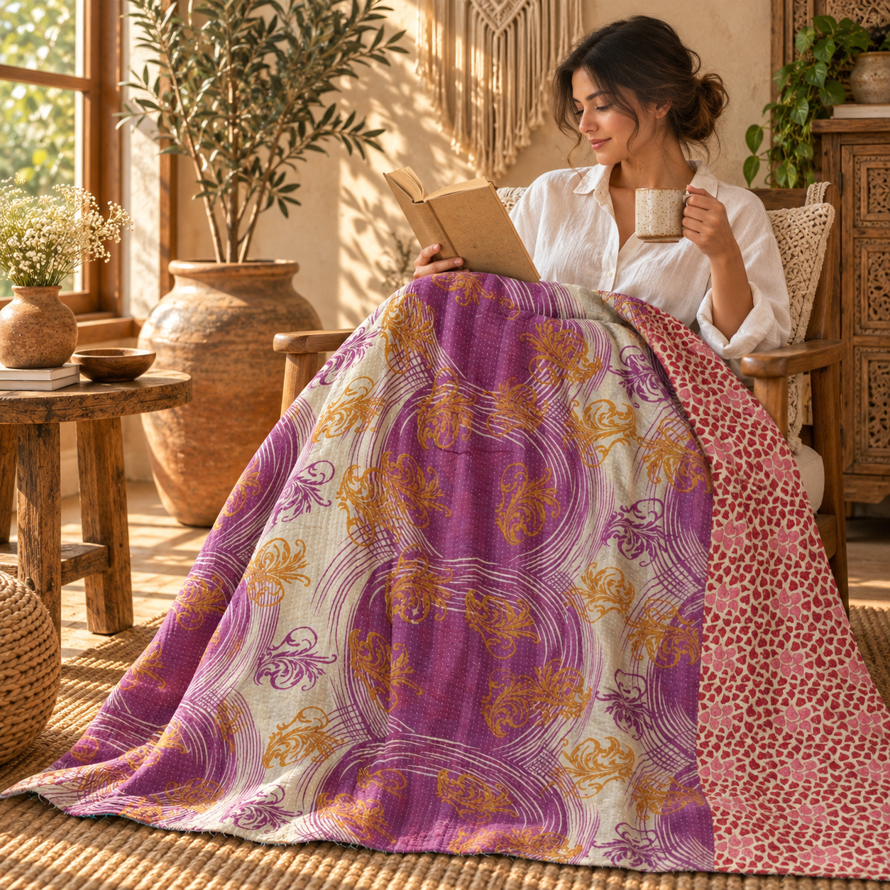 Vintage Purple Kantha Quilt – Handmade Recycled Sari Indian Bedspread, Reversible Boho Throw Blanket - Image 3