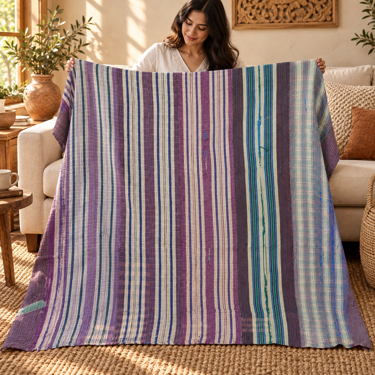 Vintage Kantha Quilt 60x90 Inches – Purple Blue Green Striped Handmade Cotton Bedspread Throw - Image 3