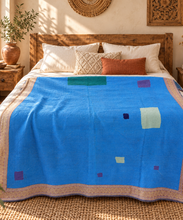 Alternative view of Vintage Blue Check Kantha Quilt – Hand Stitched Cotton Bedspread Throw 60 x 90 Inches