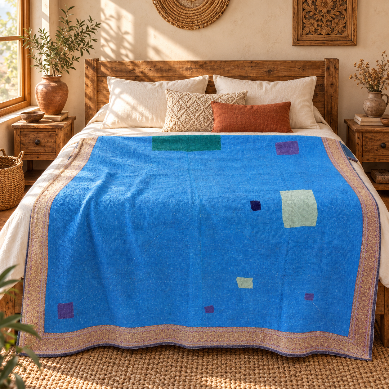Vintage Blue Check Kantha Quilt – Hand Stitched Cotton Bedspread Throw 60 x 90 Inches - Image 2