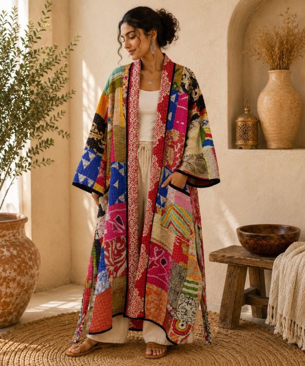 Multicolor Vintage Kantha Long Kimono Robe – Handmade Patchwork Cotton Boho Jacket