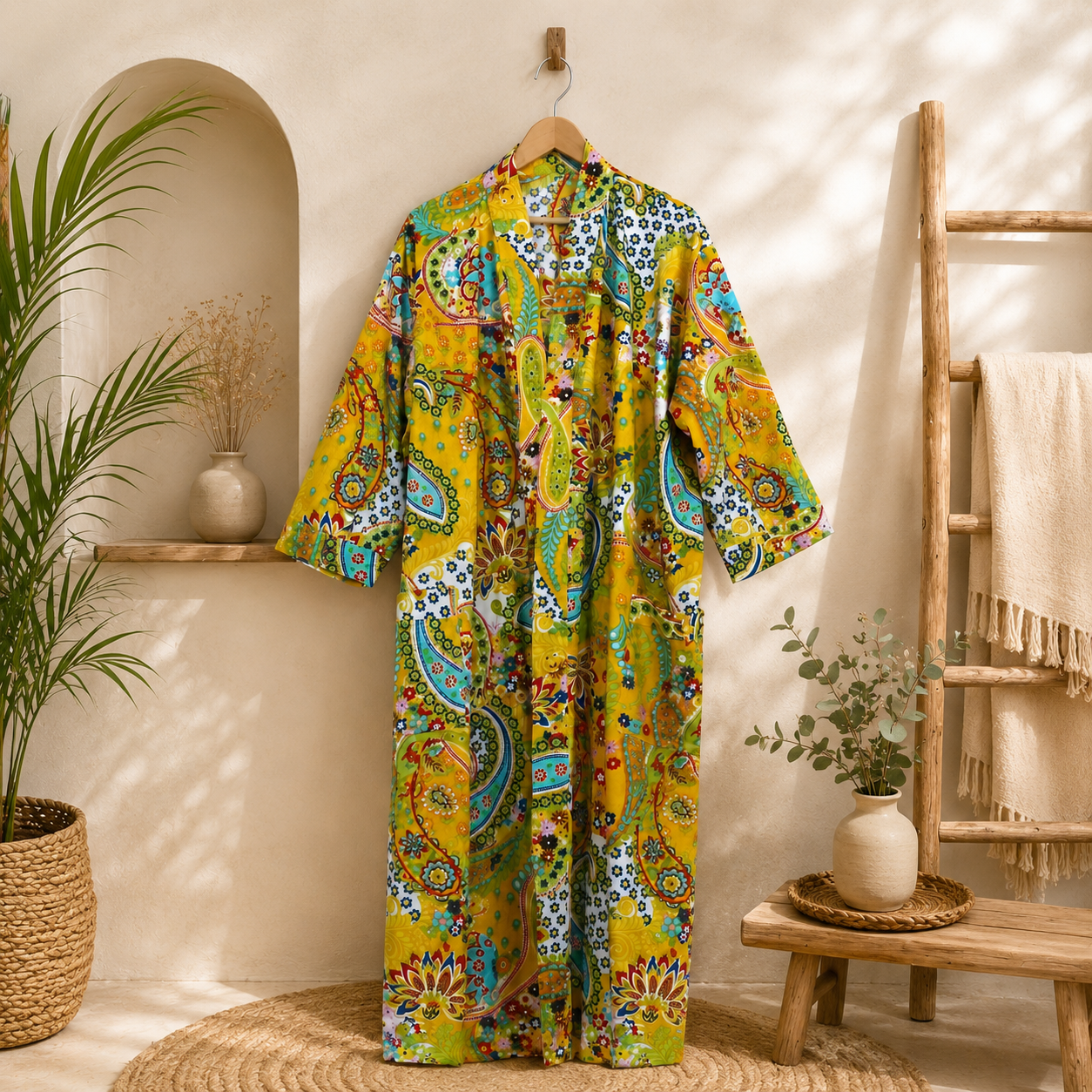 Yellow Multicolor Floral Paisley Long Kimono Robe – Boho Printed Maxi Kimono Jacket for Women - Image 3