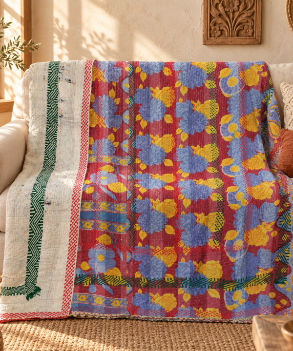 Vintage Multicolor Floral Kantha Quilt 60x90 Inches – Hand Stitched Cotton Boho Throw