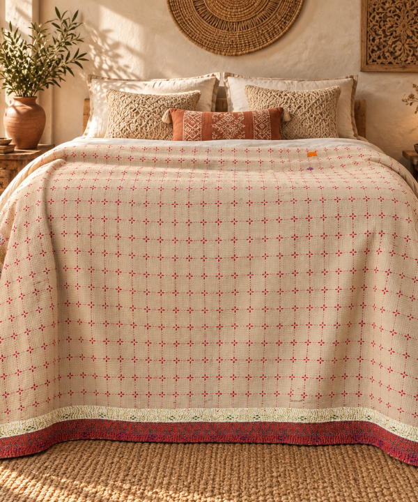 Alternative view of Cream & Red Vintage Kantha Quilt 60 x 90 Inches – Handmade Cotton Bedspread – One of a Kind