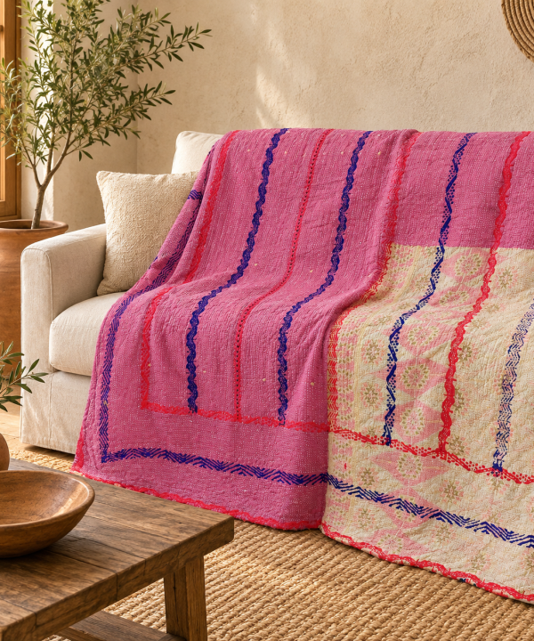 Vintage Kantha Quilt Handmade Recycled Cotton Bedspread, Indian Patchwork Throw Blanket, Boho Sofa & Picnic Quilt 50x80 Inch