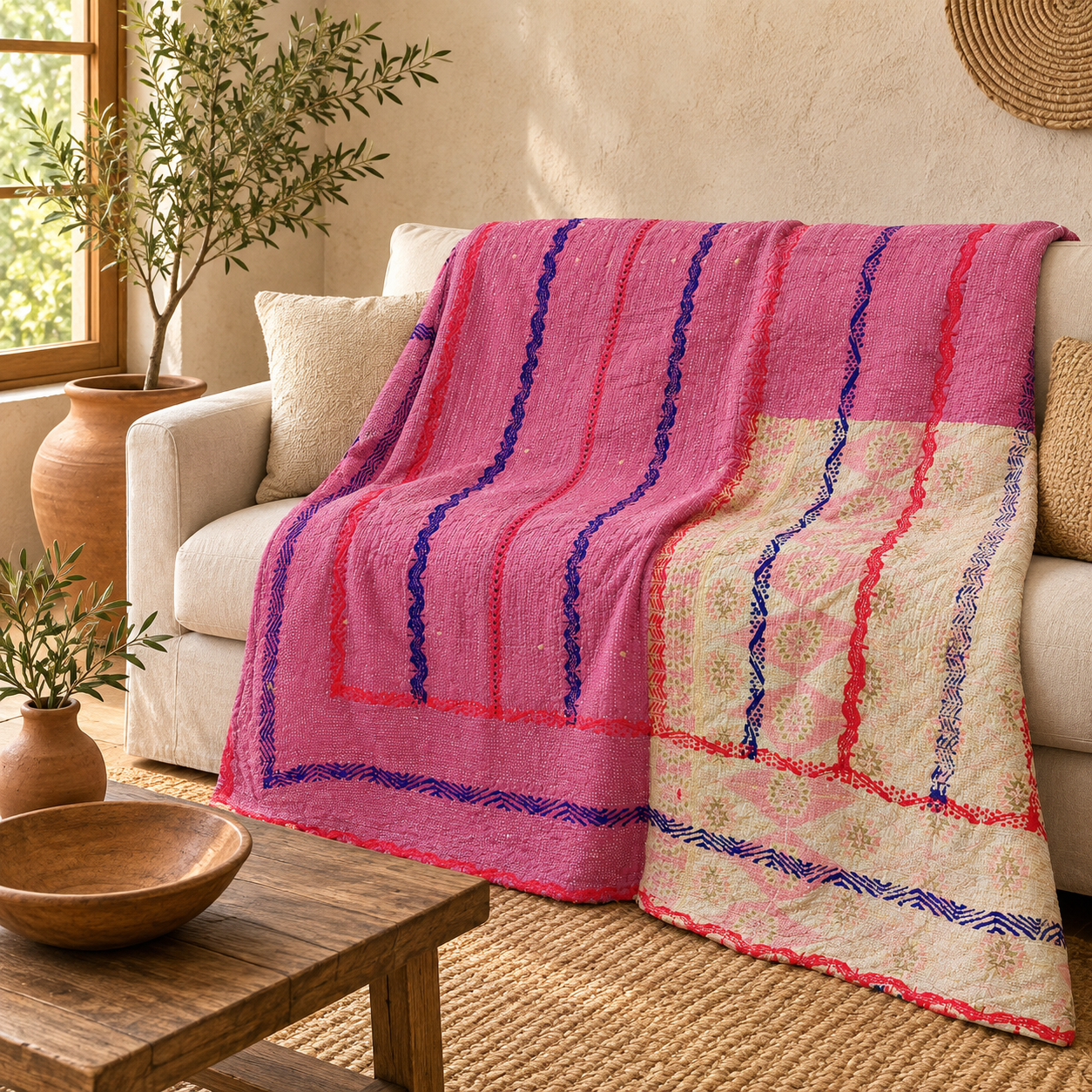 Vintage Kantha Quilt Handmade Recycled Cotton Bedspread, Indian Patchwork Throw Blanket, Boho Sofa & Picnic Quilt 50x80 Inch