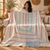 Ivory White Vintage Kantha Quilt 60 x 90 Inches – Red Green Hand Stitched Cotton Bedspread – One of a Kind - Image 3