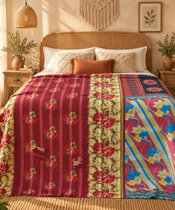 Alternative view of Vintage Handmade Kantha Quilt – Red / Burgundy Floral Recycled Sari Cotton Bedspread, Reversible Indian Bed Throw