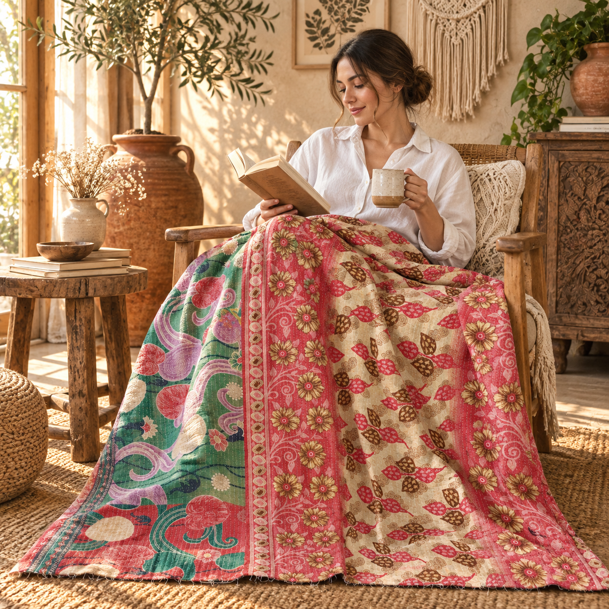 Vintage Handmade Kantha Quilt Pink & Green Floral Recycled Sari Cotton Boho Throw Blanket - Image 3