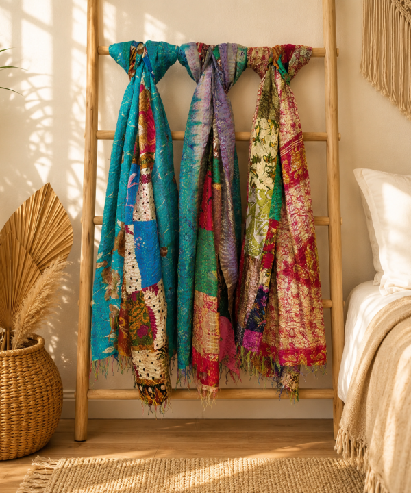 Alternative view of Vintage Kantha Patchwork Scarf Set – Handmade Recycled Cotton Boho Indian Shawl Wrap – 5 Pcs