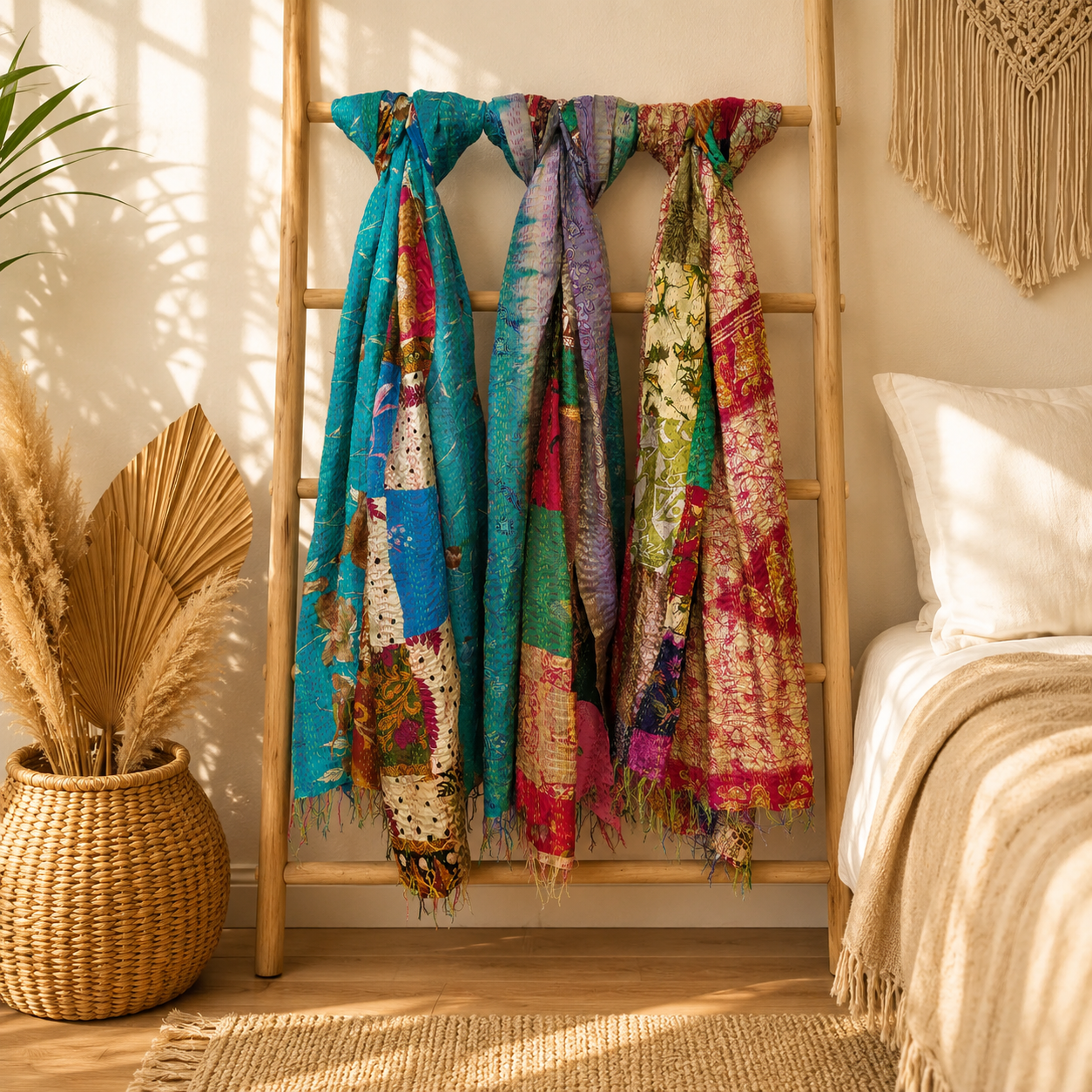 Vintage Kantha Patchwork Scarf Set – Handmade Recycled Cotton Boho Indian Shawl Wrap – 5 Pcs - Image 4