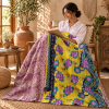 Vintage Handmade Kantha Quilt – Yellow & Purple Floral Recycled Sari Throw, Reversible Boho Indian Bedspread - Image 3