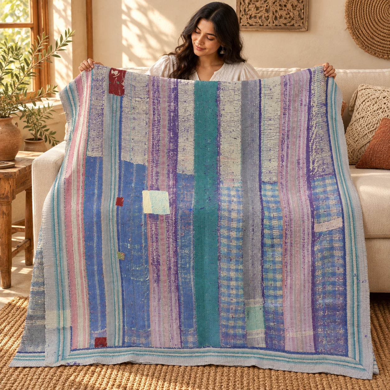 Vintage Blue Purple Kantha Quilt 60x90 Inches – Hand Stitched Cotton Boho Bedspread Throw - Image 3