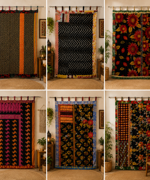 Black Vintage Kantha Curtain – Handmade Cotton Patchwork Boho Indian Window Door Curtain – 1 Pc