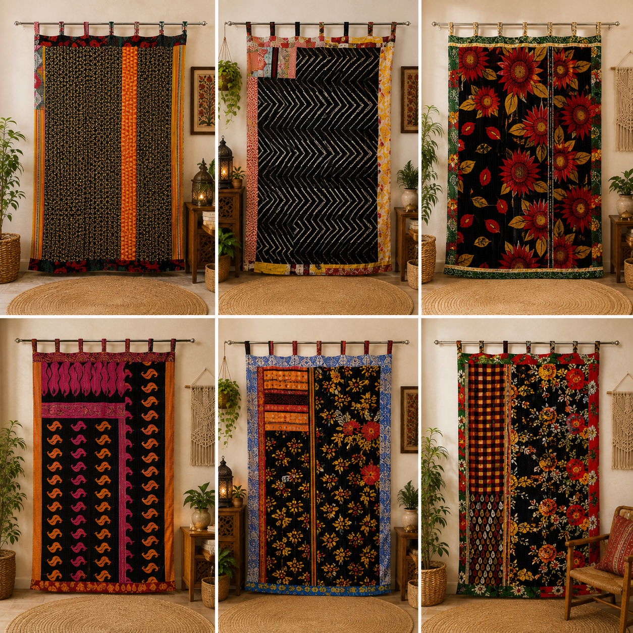 Black Vintage Kantha Curtain – Handmade Cotton Patchwork Boho Indian Window Door Curtain – 1 Pc
