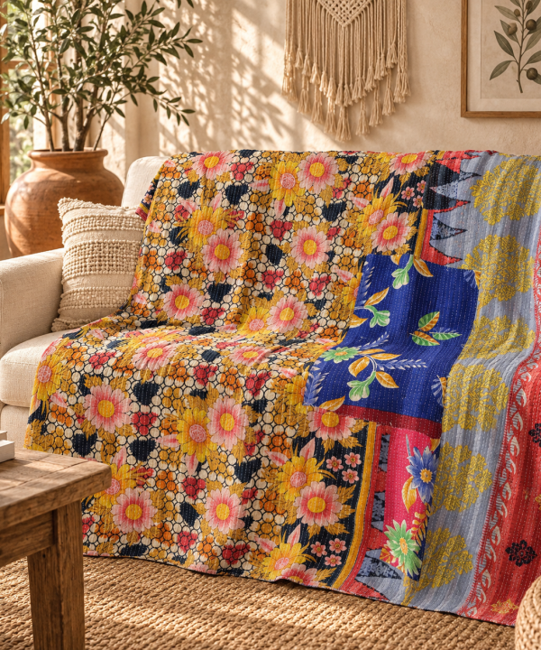 Vintage Handmade Kantha Quilt – Yellow Floral Multicolor Recycled Cotton Bedspread, Indian Boho Sofa Throw Blanket