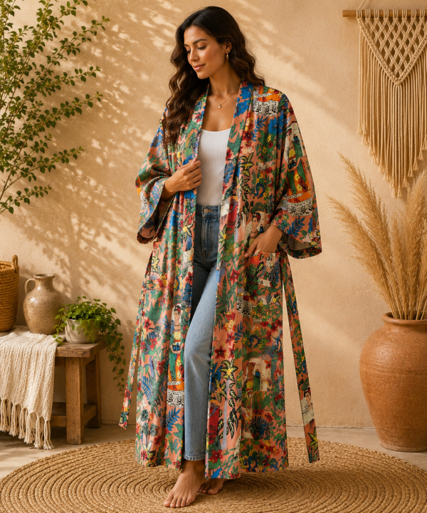Multicolor Frida Kahlo Print Long Kimono Robe for Women – Boho Floral Cotton Dressing Gown, Free Size Belted Maxi Kimono