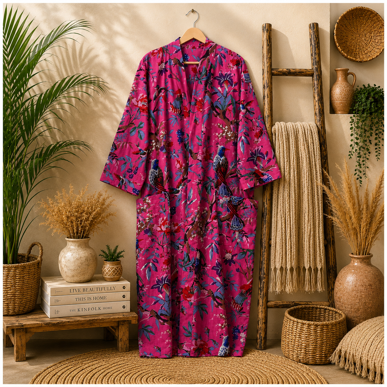 Hot Pink Floral Bird Print Cotton Long Kimono Robe for Women – Boho Maxi Kimono Jacket, Free Size with Pockets - Image 3