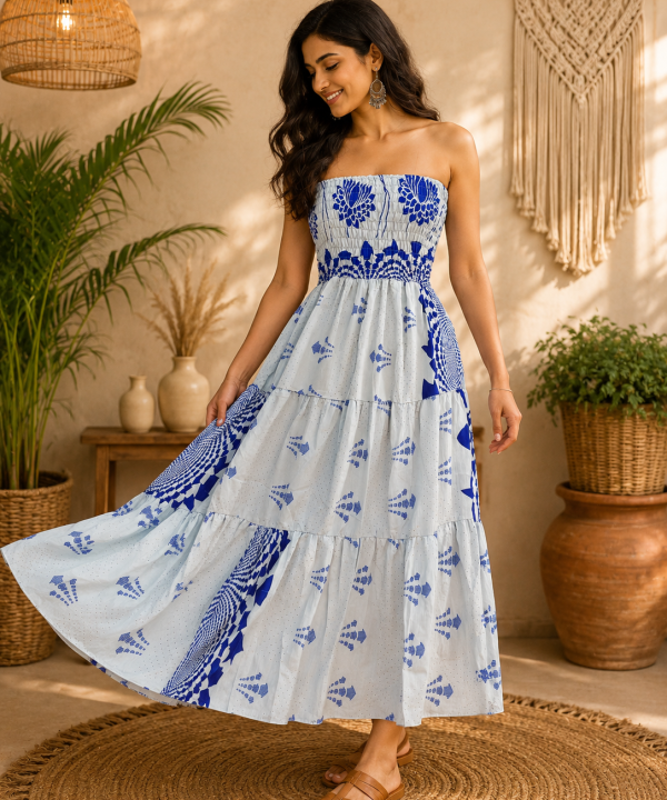 White & Royal Blue Floral Maxi Dress – Strapless Smocked Tiered Boho Summer Dress