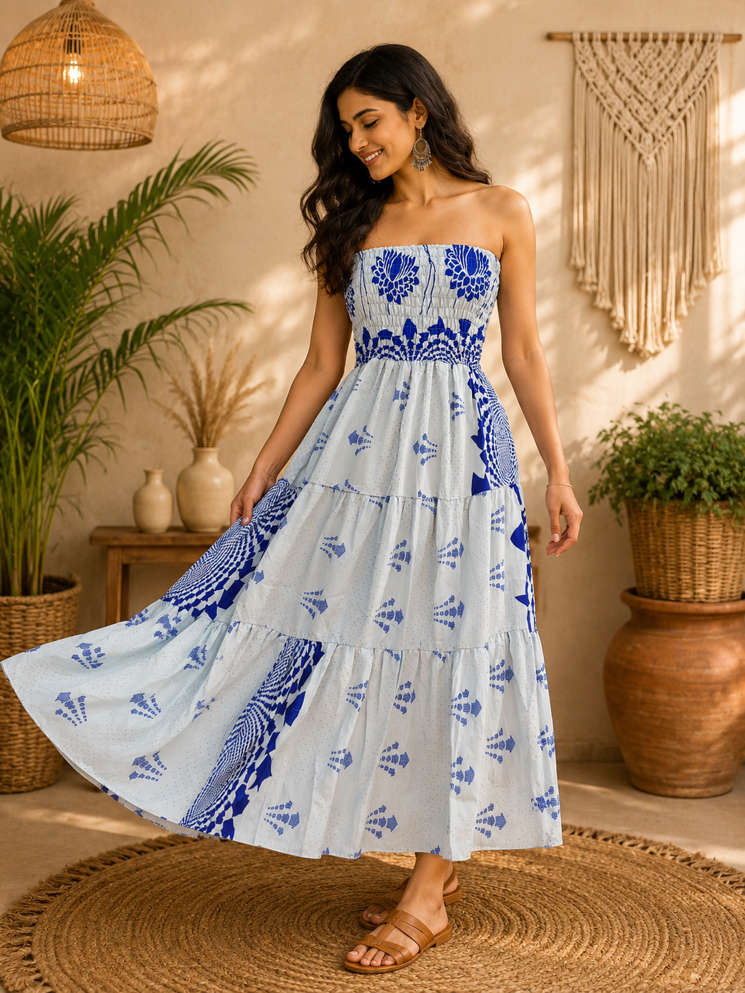 White & Royal Blue Floral Maxi Dress – Strapless Smocked Tiered Boho Summer Dress