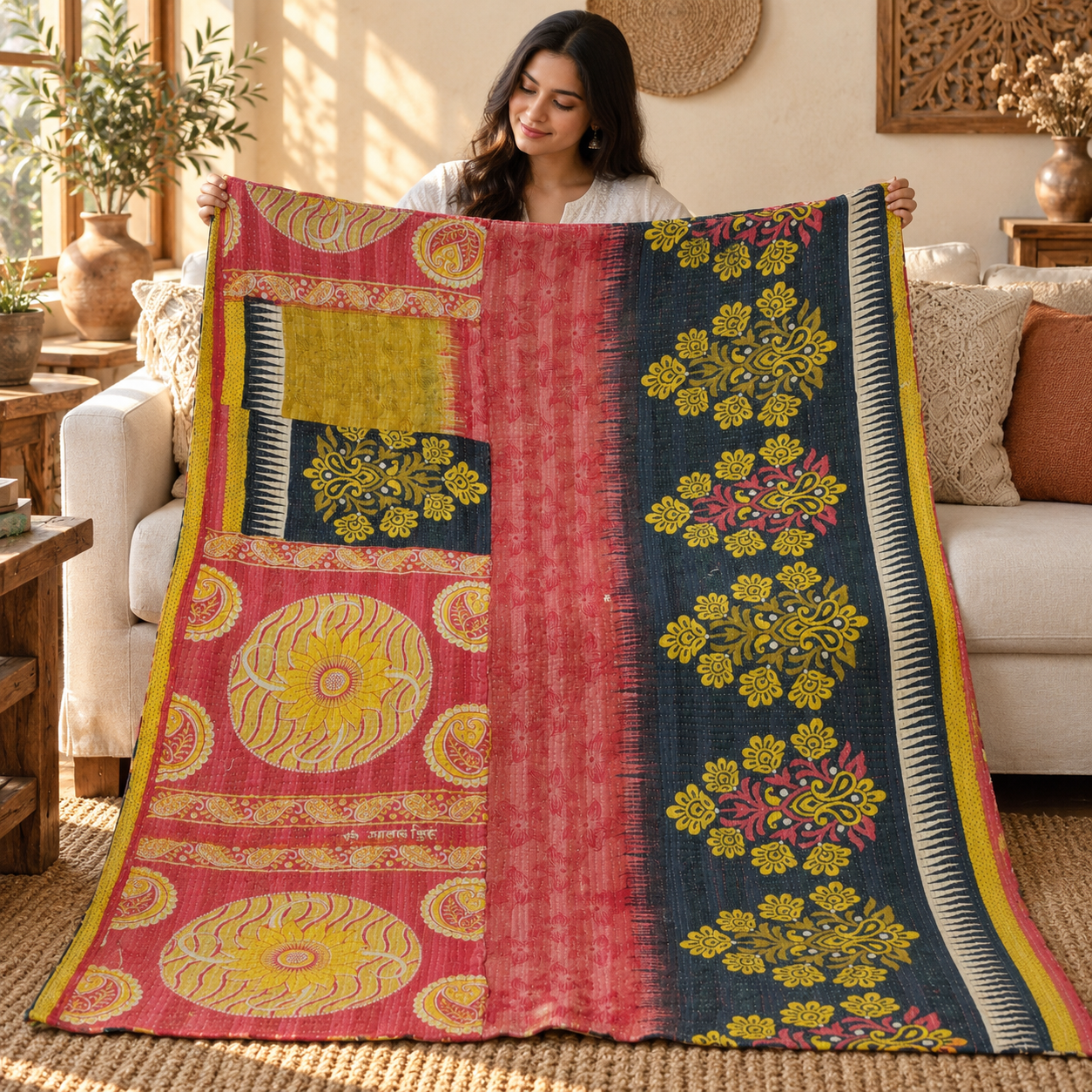 Vintage Red Navy Kantha Quilt – Hand Stitched Floral Cotton Throw 60 x 90 Inches - Image 3