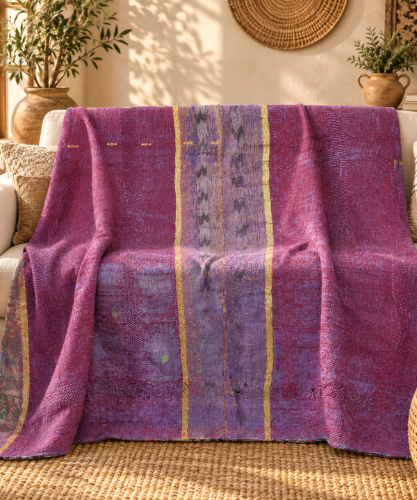 Deep Purple Vintage Kantha Quilt 60 x 90 Inches – Handmade Cotton Bedspread Throw – One of a Kind