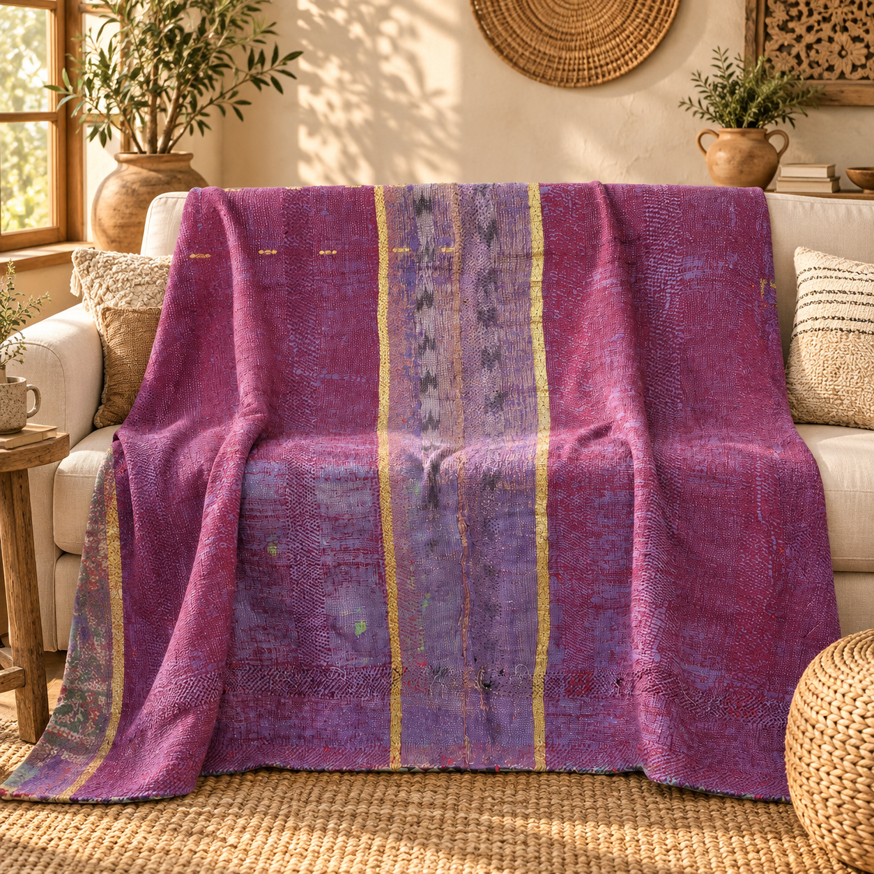 Deep Purple Vintage Kantha Quilt 60 x 90 Inches – Handmade Cotton Bedspread Throw – One of a Kind