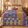 Vintage Handmade Kantha Quilt Blue & Mustard Floral Recycled Sari Cotton Boho Throw Blanket - Image 2