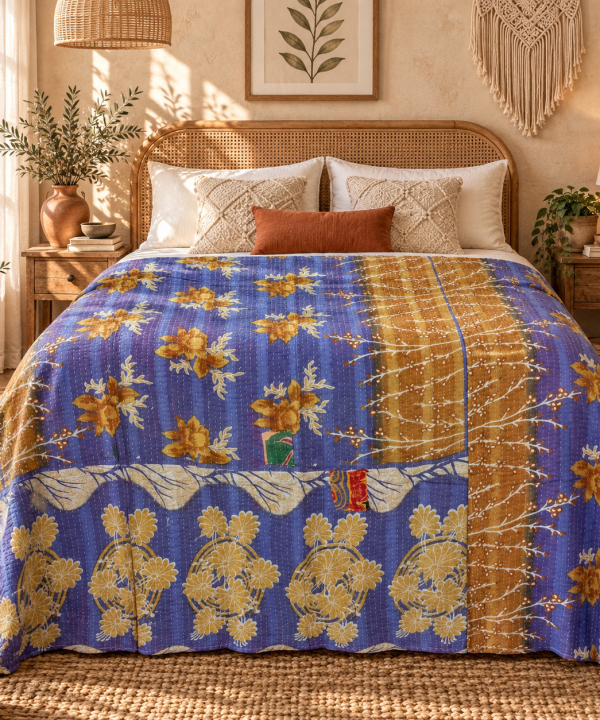 Alternative view of Vintage Handmade Kantha Quilt Blue & Mustard Floral Recycled Sari Cotton Boho Throw Blanket