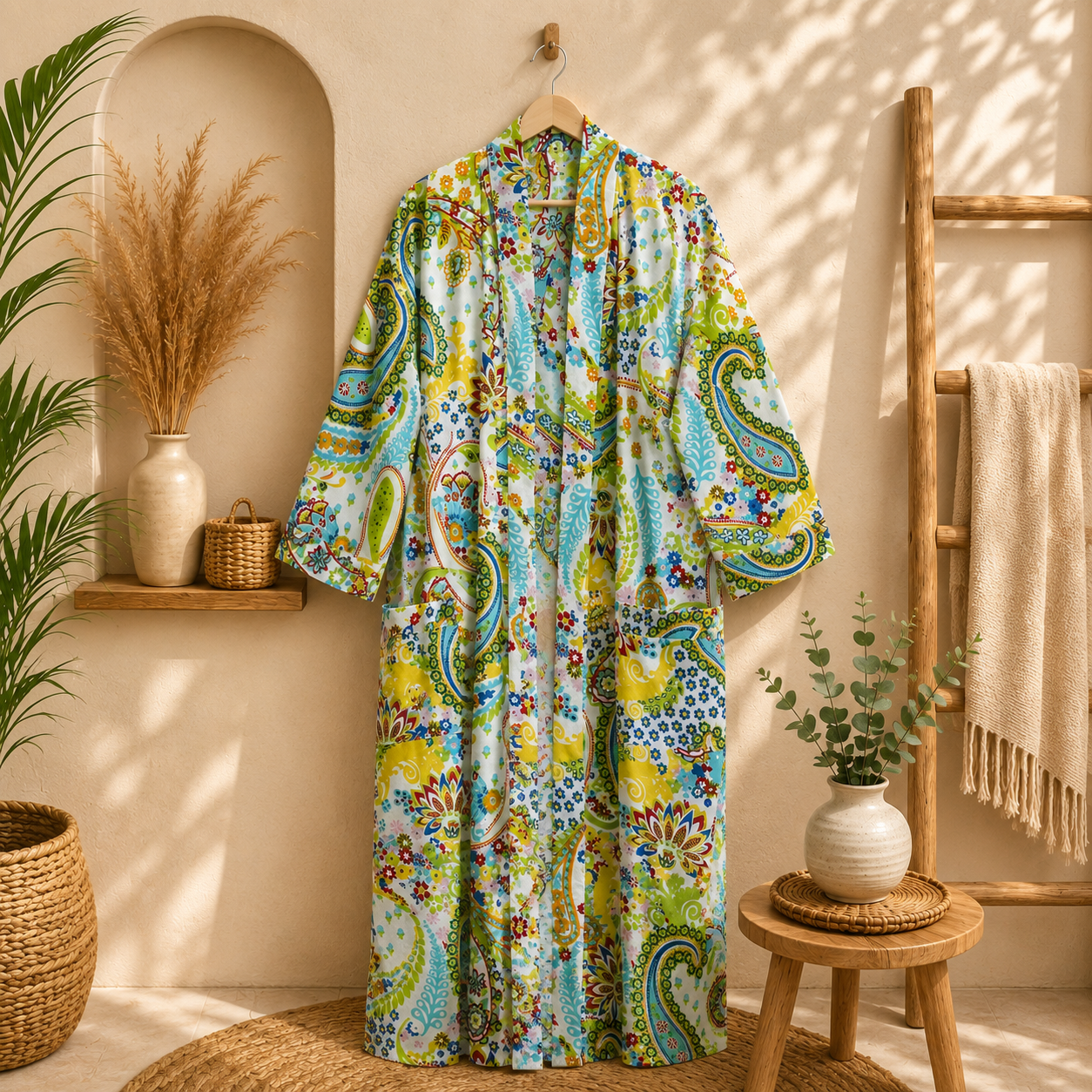White Green Floral Paisley Long Kimono Robe – Boho Printed Maxi Kimono Jacket for Women - Image 3
