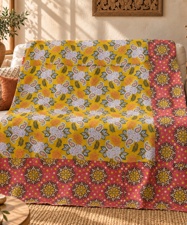 Vintage Mustard Yellow & Red Kantha Quilt 60x90 Inches – Handmade Floral Cotton Bedspread