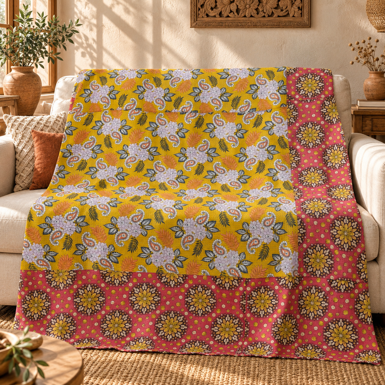 Vintage Mustard Yellow & Red Kantha Quilt 60x90 Inches – Handmade Floral Cotton Bedspread
