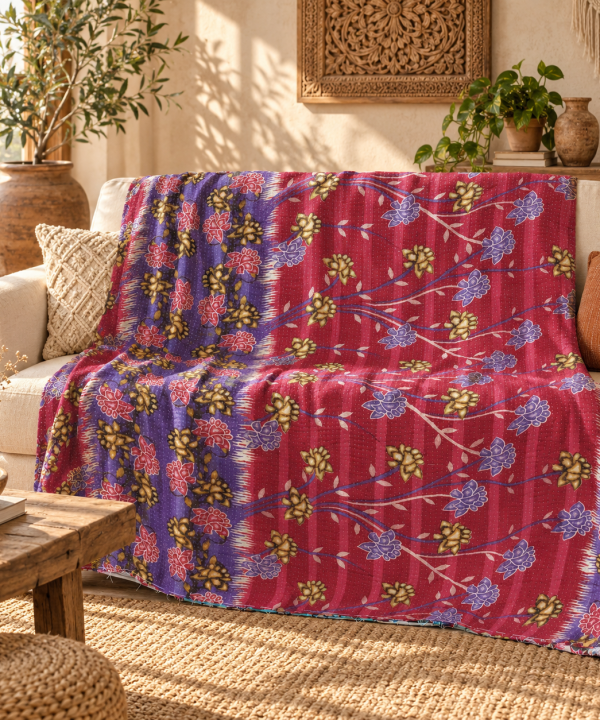 Vintage Pink Kantha Quilt – Handmade Floral Recycled Sari Cotton Bedspread Boho Throw, MN-VKQ-TW-1345