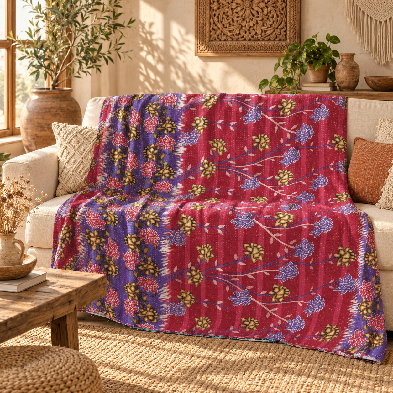 Vintage Pink Kantha Quilt – Handmade Floral Recycled Sari Cotton Bedspread Boho Throw, MN-VKQ-TW-1345