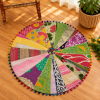 Vintage Kantha Round Floor Cushion Cover – Handmade Patchwork Boho Pouf Cover with Pom Pom Trim - Image 2